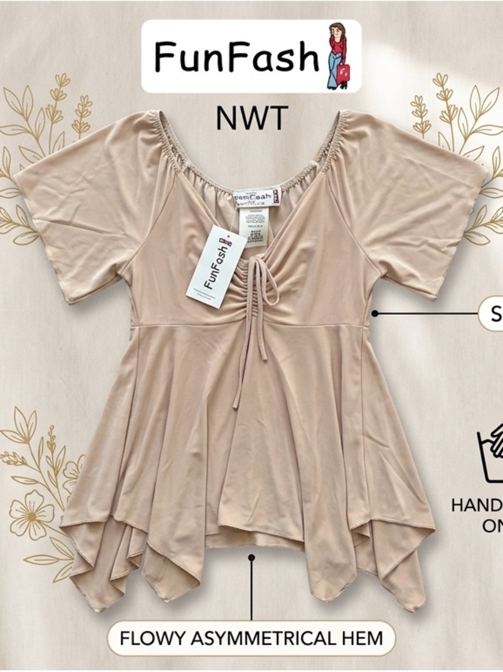 NWT FunFash XL Taupe V-Neck Tie Front Boho Flowy Tunic Blouse